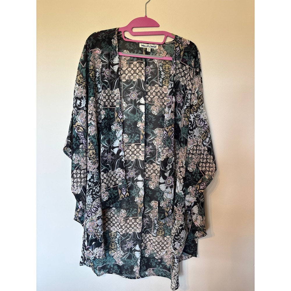 WallFlower Women 1X Kimono Cardigan Patchwork Floral Sheer Open Front Wrap Top